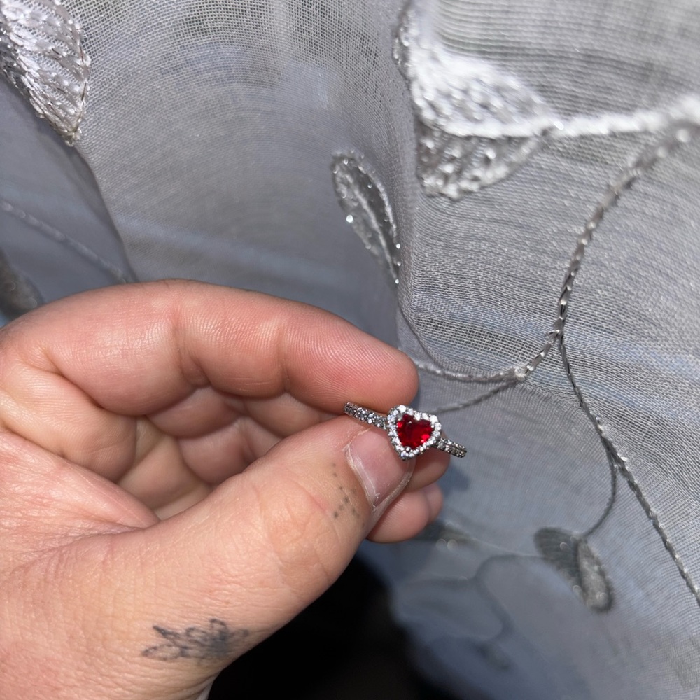 Pandora Silver Heart Ring with Red Gemstone